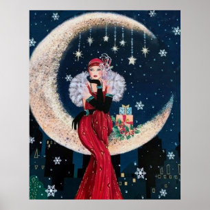 Retro Vintage Weihnachten Art Deco Dame Poster