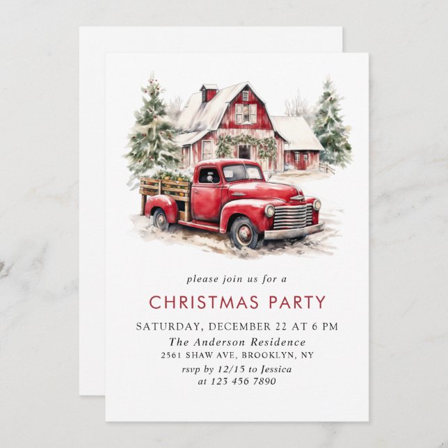 Retro Vintage Weihnachten Red Truck Holiday Party Einladung (Vorne/Hinten)