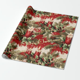 Retro Vintage Weihnachten: Rote Kerzen & Holly Geschenkpapier