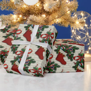 Retro Vintage Weihnachten: Rote Strümpfe auf Brick Geschenkpapier
