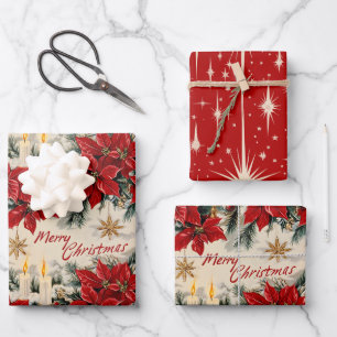 Retro Vintage Weihnachten: Roter & Weißer Holiday  Geschenkpapier Set