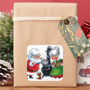 retro vintage Weihnachten Santa Frau Claus Quadratischer Aufkleber