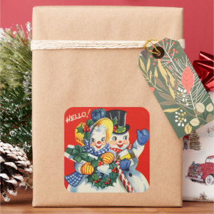 retro-vintage-Weihnachten-Schnee-Paar-Feiertag Quadratischer Aufkleber