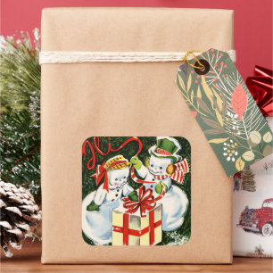 retro-vintage Weihnachten Schnee Paar Quadratischer Aufkleber