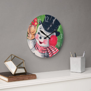 retro-vintage-Weihnachts-Feiertag-Schneemann Große Wanduhr