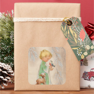 Retro Vintage Weihnachts-Feiertags-Kinder-Aufklebe Quadratischer Aufkleber