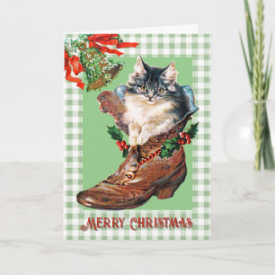 Retro-Vintage-Weihnachts-Kätzchen im Stiefel Sage Karte