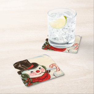 retro-vintage-Weihnachts-Schneemann-Feiertag Rechteckiger Pappuntersetzer