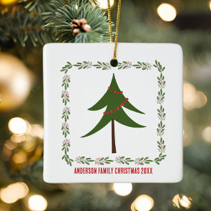 Retro Vintage Weihnachtsbaum & Kranz Familienname Keramikornament