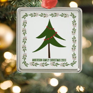 Retro Vintage Weihnachtsbaum & Kranz Familienname Ornament Aus Metall