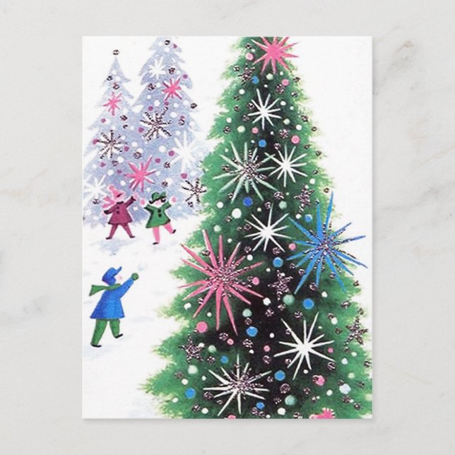 Retro Vintage Weihnachtsbaum und Kinder Postkarte (Vorderseite)