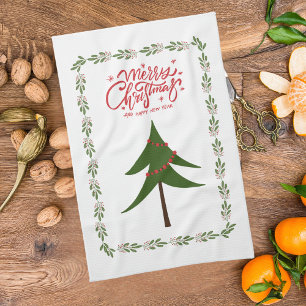 Retro Vintage Weihnachtsbaum und Kranz Minimalist Geschirrtuch