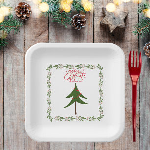 Retro Vintage Weihnachtsbaum und Kranz Minimalist Pappteller