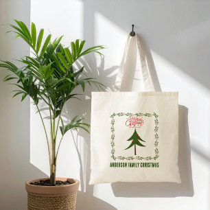 Retro Vintage Weihnachtsbaum und Kranz Minimalist Tragetasche