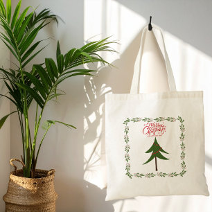 Retro Vintage Weihnachtsbaum und Kranz Minimalist Tragetasche
