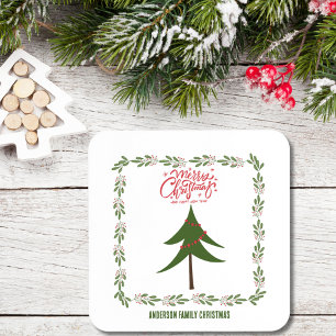 Retro Vintage Weihnachtsbaum und Kranz Minimalisti Getränkeuntersetzer