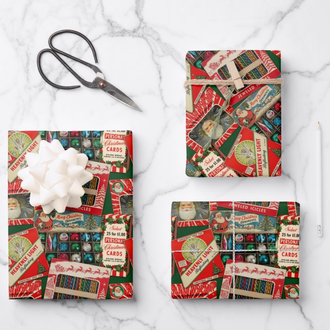 Retro Vintage Weihnachtsdekoration Collage Geschenkpapier Set (Vorderseite)