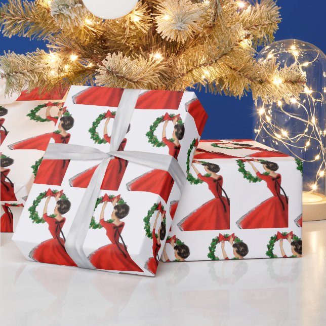 Retro-Vintage Weihnachtsfrau gekacheltes Party Geschenkpapier (Feiertage)