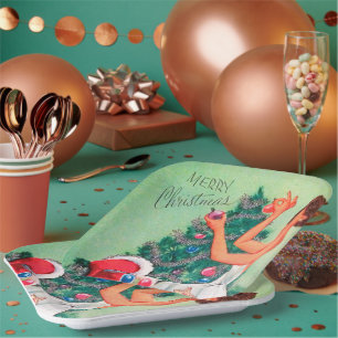 Retro-Vintage-Weihnachtsfrau-Santa-Party-Teller Pappteller