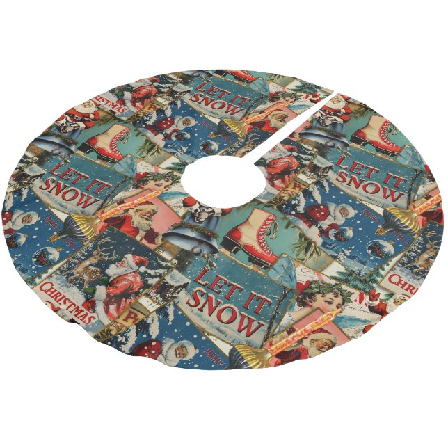 Retro-Vintage-Weihnachtskarten-Collage Polyester Weihnachtsbaumdecke (Schrägansicht)