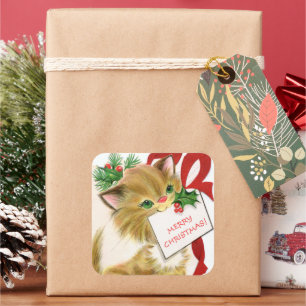 retro vintage Weihnachtskatze Feiertag Quadratischer Aufkleber
