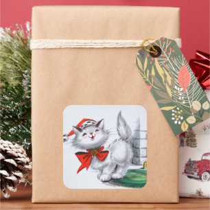 retro vintage Weihnachtskatze Feiertag Quadratischer Aufkleber