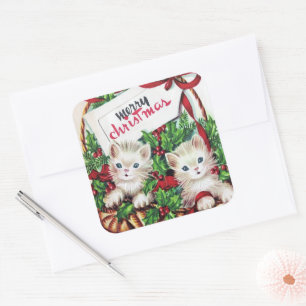 retro vintage Weihnachtskatzen Feiertag Quadratischer Aufkleber