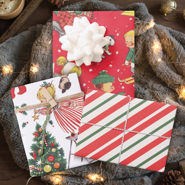 Retro Vintage Weihnachtskids Urlaub Geschenkpapier Set (Retro Vintage Christmas Kids Holiday Wrapping Paper Sheets)