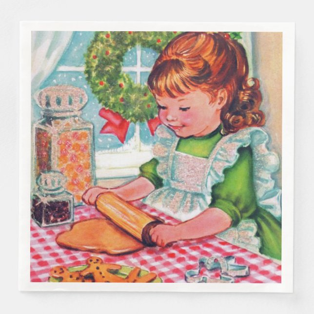 Retro Vintage Weihnachtsmädchen backen Party Serviette (Vorderseite)