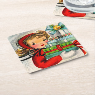 Retro Vintage Weihnachtsmädchen Weihnachtsfeier Un Rechteckiger Pappuntersetzer