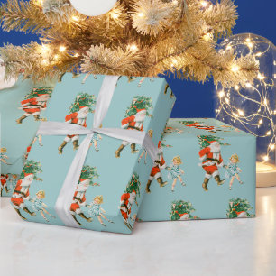 Retro-Vintage-Weihnachtsmann & Mädchen Weihnachten Geschenkpapier