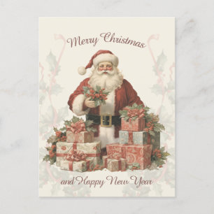 Retro Vintage Weihnachtsmann Stechpalme Frohe Weih Postkarte