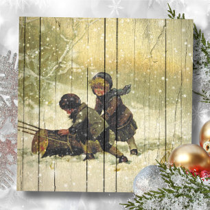 Retro Vintage Winter Kinder beim Spielen im Schn Feiertagskarte