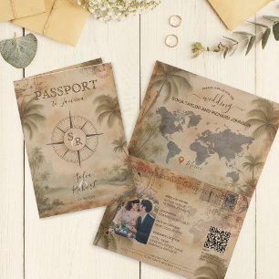 Retro Vintage Ziel Hochzeit Reisepass QR Code Einladung
