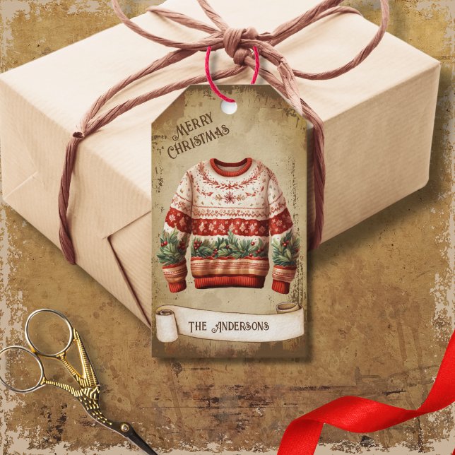 Retro Vintagen Ugly Sweater Frohe Weihnachten Geschenkanhänger (Von Creator hochgeladen)