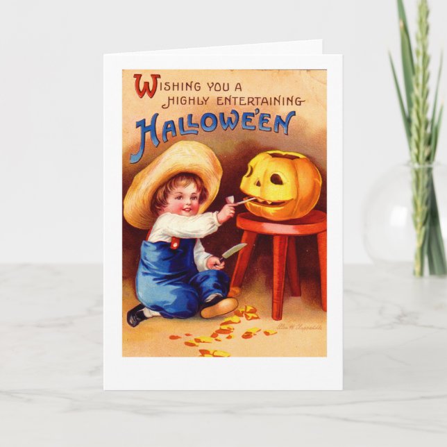 Retro Vintager Halloween-Junge Carvier Karte (Vorderseite)