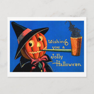 Retro Vintager Halloween-Kürbis-Pfeife Postkarte