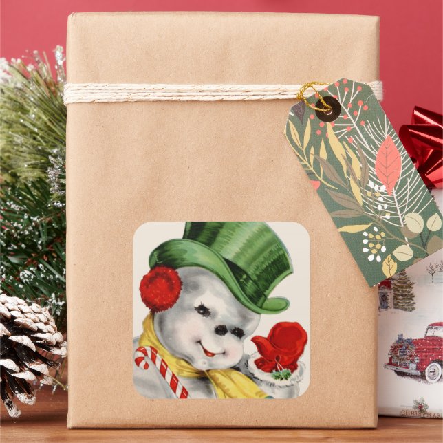 Retro Vintager Schneemann Weihnachtsaufkleber Quadratischer Aufkleber (Feiertag)
