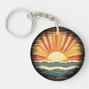 Retro Vintager Sonnenuntergang und Ozean Schlüsselanhänger