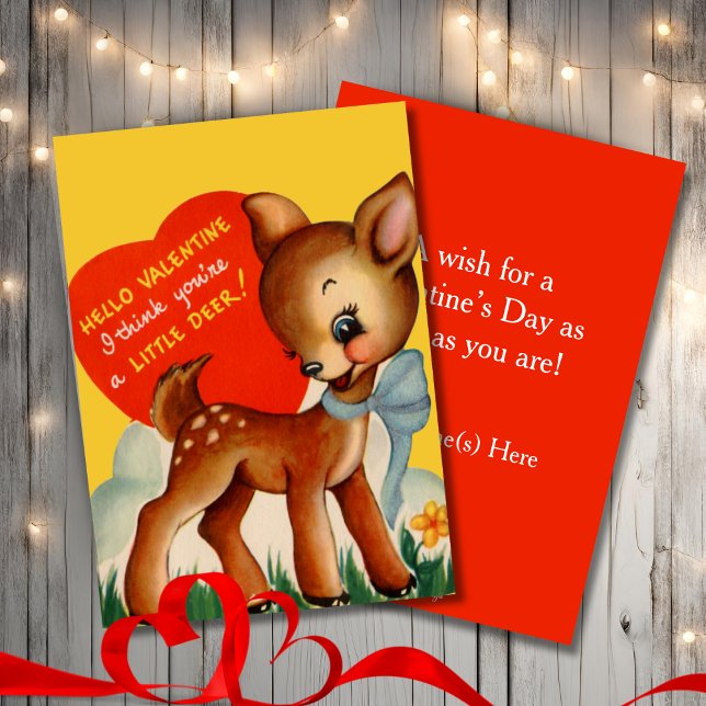 Retro Vintager Tag des Hirsches Feiertagskarte (Retro Vintage Little Deer Custom Valentine's Day Holiday Card. Add your name and a special message!)
