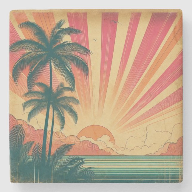 Retro/Vintager tropischer/hawaiianischer Sonnenunt Steinuntersetzer (Vorderseite)