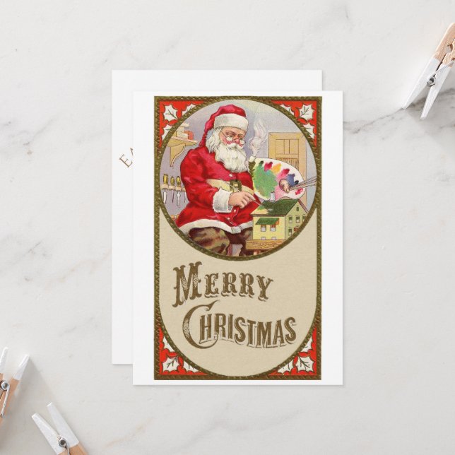 Retro Vintager Weihnachtsmann mit seinen Malereien Einladung (Vorderseite/Rückseite Beispiel)