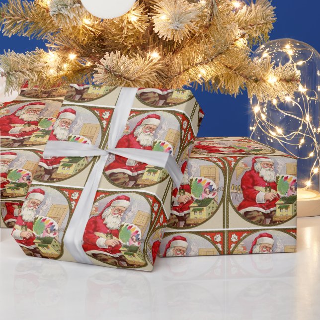 Retro Vintager Weihnachtsmann mit seinen Malereien Geschenkpapier (Feiertage)
