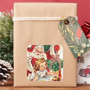 Retro Vintager Weihnachtsmann und Kind Quadratischer Aufkleber