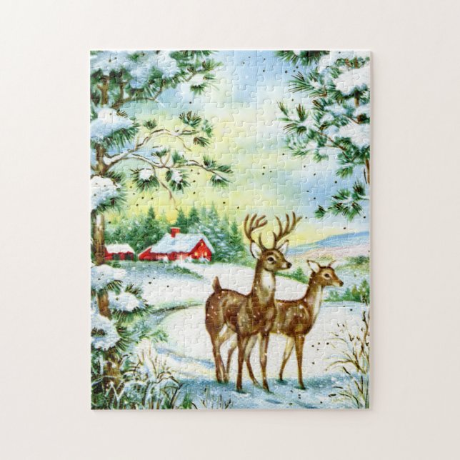 Retro Vintager Winterhirsch Puzzle (Vertikal)