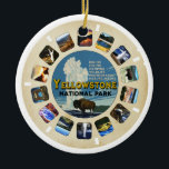 Retro Vintager Yellowstone Nationalpark Souvenir Keramik Ornament<br><div class="desc">Yellowstone Nationalpark Souvenir Geschenkartikel für Parkbesucher, Touristen, Babyboomer, Familienurlaubsgeschenke oder alle, die Lieben Retro Nationalpark Keepsakes. Vintages inspiriertes Design der Foto-Zuschauer-Rollen mit Bildern des Yellowstone Nationalparks. Retro-Stereoscope 3D-Bildbetrachter reel nostalgische Erinnerung von Yellowstone National Park Werbeträger und Gadgets von gestern. Das mittlere Bild ist Old Faithful Geyser. Der Gelbstein umfasst Bison,...</div>