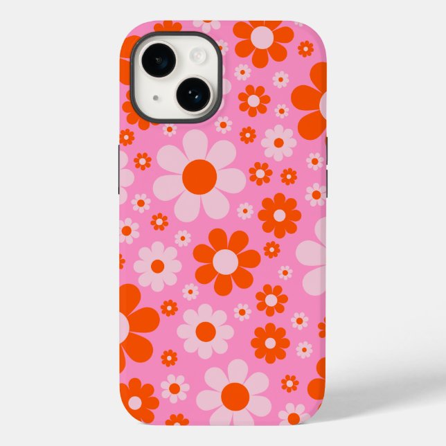 Retro Vintages Daisy Muster Orange Pink Case-Mate iPhone 14 Hülle (Back)