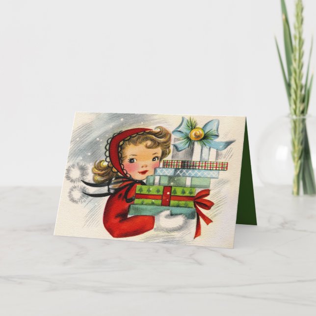 Retro Vintages Einkaufsmädchen addieren Textkarte Feiertagskarte (Vorderseite)