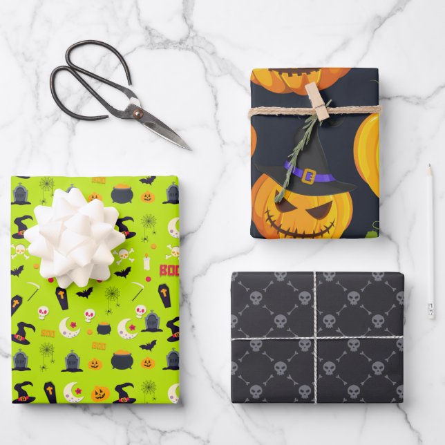 Retro Vintages Halloween-Muster Zuckerkulpperwrapp Geschenkpapier Set (Vorderseite)