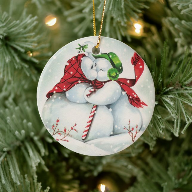 Retro-Vintages Küssen Schneepaar Holiday Keramik Ornament (Baum)